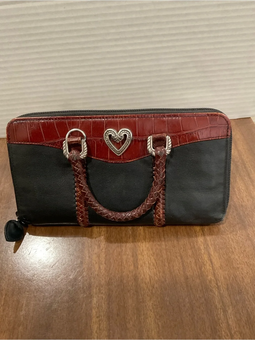 Brighton Black and Burgundy Heart-Accent Zip Wallet braided leather